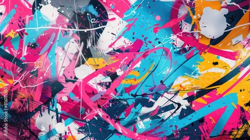 Abstract graffiti poster with colorful tags, paint splatter, scribbles and fragments, generative AI.