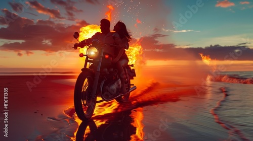 Couple riding on vintage motorcycle with red burning signal fire after sunset on beach, slow motion hyper realistic  © Business Pics