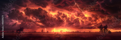 Fiery Sunset against Desolate Plains with Lightning Breaking a Stormy Sky