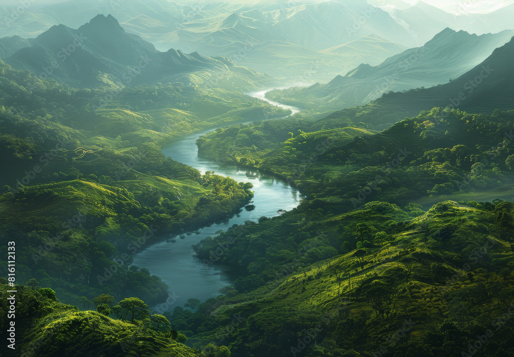 Tranquil river winding through a lush valley
