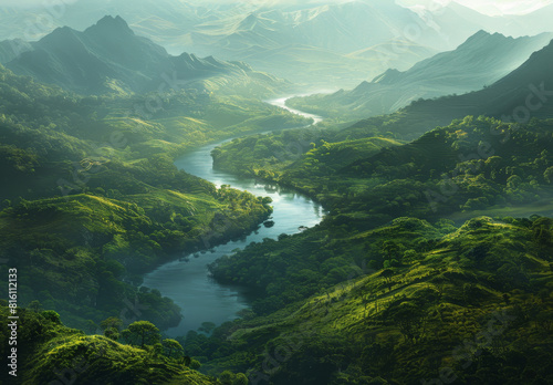 Tranquil river winding through a lush valley