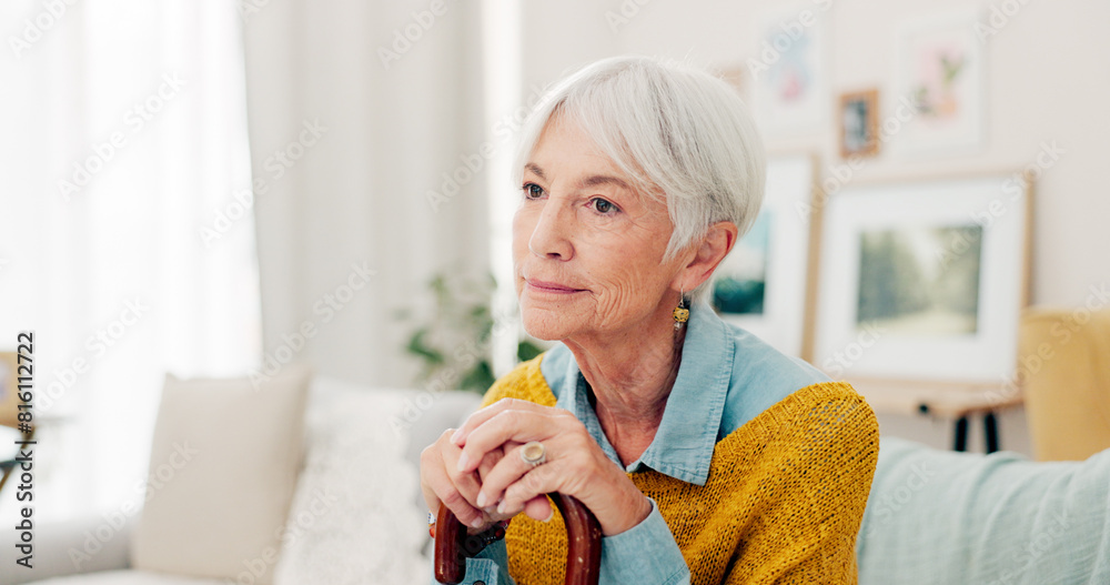 Couch, thinking and senior woman with a cane and a memory in home living room to relax on retirement. Lounge, walking stick and elderly person or pensioner with hope in a house or nursing facility Couch, thinking and senior woman with a cane and a memory in home living room to relax on retirement. Lounge, walking stick and elderly person or pensioner with hope in a house or nursing facility