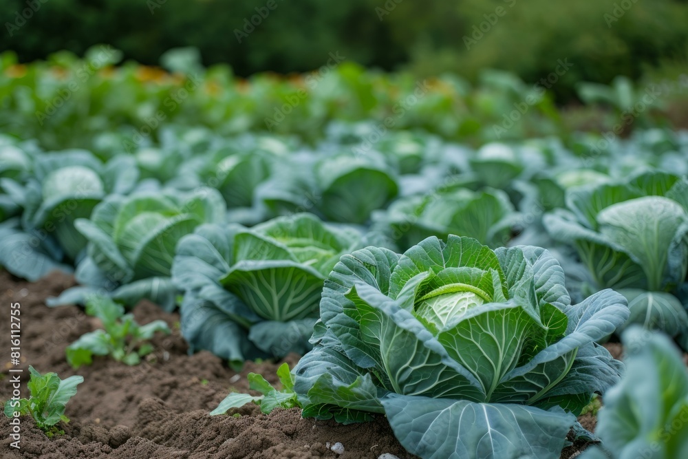 Vibrant field of fresh, green cabbage heads thriving in a rich, organic garden Vibrant field of fresh, green cabbage heads thriving in a rich, organic garden