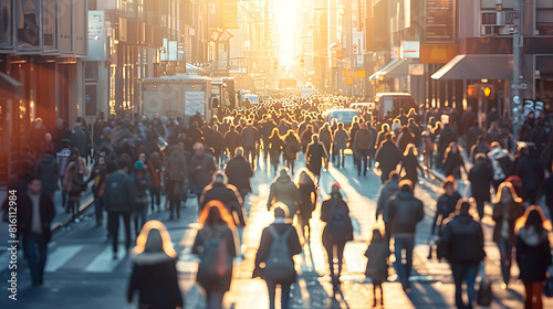 Photo realistic of People commuting on a busy city street concept capturing the hustle and bustle of urban life with a focus on the diversity and energy of the crowd