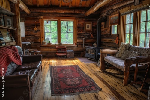 Warm sunlight bathes a charming wooden cabin interior, creating a cozy and inviting atmosphere