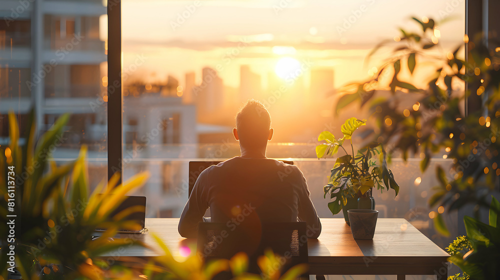 Modern Technology in Flexible Work Environment: Remote Worker Attending Webinar from Hotel Balcony Learning and Working Integration Concept Modern Technology in Flexible Work Environment: Remote Worker Attending Webinar from Hotel Balcony Learning and Working Integration Concept