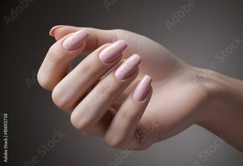Closeup of a woman s hand with elegant natural neutral delicate manicure. Wonderful nude shade manicure on long nails