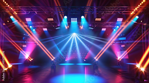 Dynamic stage with bright spotlights and glowing effects setting the scene for an electrifying concert or party at night 
