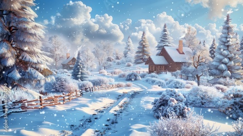 illustration of a winter christmas scene landscape for a banner or wallpaper hyper realistic  © Business Pics