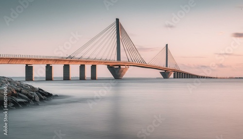 Denmark, Aarhus, Long exposure of Infinite Bridge and Aarhus Bay at sunrise. AI generated