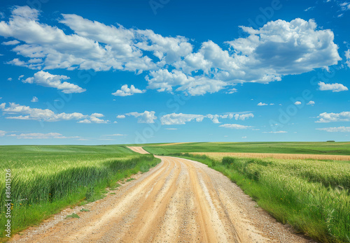 Road and green wheat fields