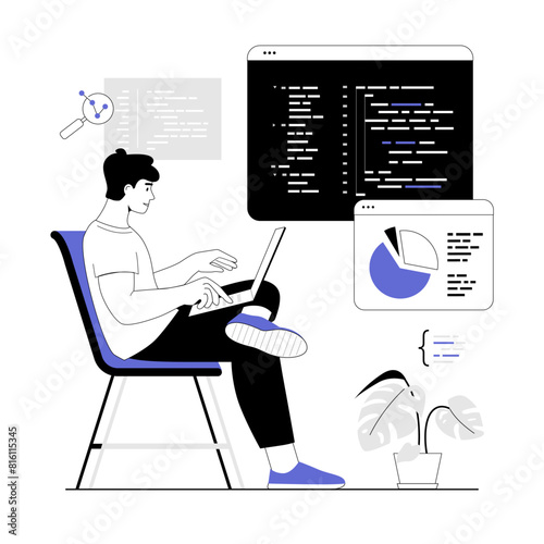 Backend development coding and programming. IT specialist sit and write code on a laptop for website, develop programs, software and applications. Vector illustration with line people for web design.