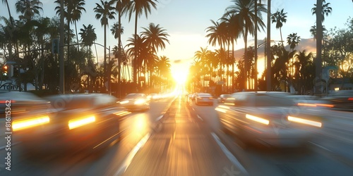 Palm Trees Silhouetted at Sunset in LA with Cars on Street. Concept Sunset photography, Urban landscape, Los Angeles, Palm trees, Silhouettes, Car lights photo