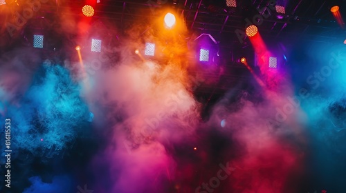 Electric atmosphere at a live concert with vibrant lighting and smoke effects on stage capturing the essence of music and entertainment 