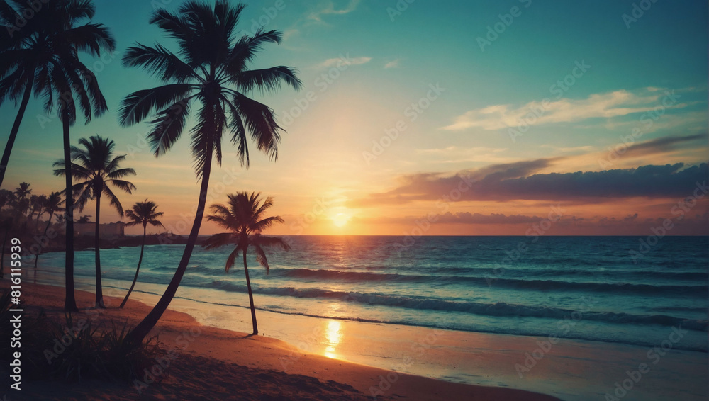 Sunset Oasis, Retro Sci-Fi Beachscape with Futuristic Palms and Ocean Horizon