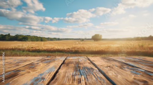 The empty wooden brown table top with blur background of farmland and blue sky Exuberant image   Generative AI