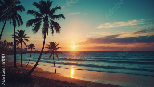 Sunset Oasis  Retro Sci-Fi Beachscape with Futuristic Palms and Ocean Horizon