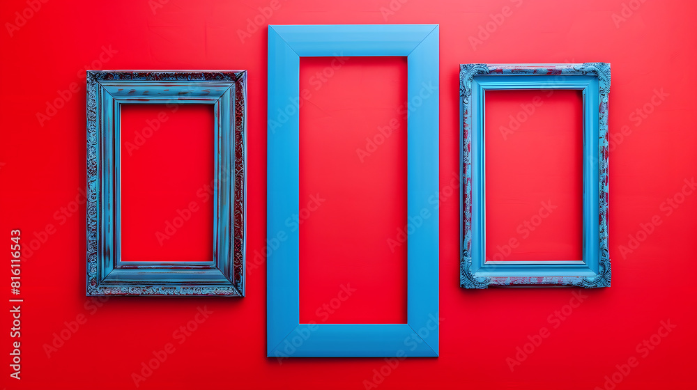 Blue empty frame isolated on red background Decorative detail retro inspired background Creative pop art concept of antique frame Comparison of vintage and contemporary style : Generative AI Blue empty frame isolated on red background Decorative detail retro inspired background Creative pop art concept of antique frame Comparison of vintage and contemporary style : Generative AI