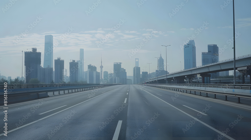 empty highway with cityscape and skyline of qingdaoChina : Generative AI empty highway with cityscape and skyline of qingdaoChina : Generative AI