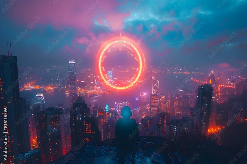Glowing Celestial Rings Adorn Dazzling Futuristic Cityscape at Nightfall Glowing Celestial Rings Adorn Dazzling Futuristic Cityscape at Nightfall
