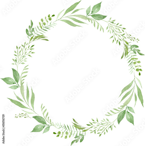 Greenery watercolor wreath. Foliage frame. Watercolor decoration for you design.