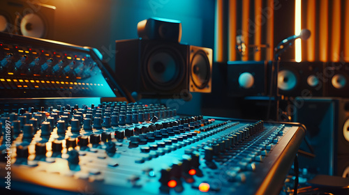Music studio and technology with recording equipment in an empty room for the entertainment industry Interior creative and audio with musical electronics to produce record or control s : Generative AI
