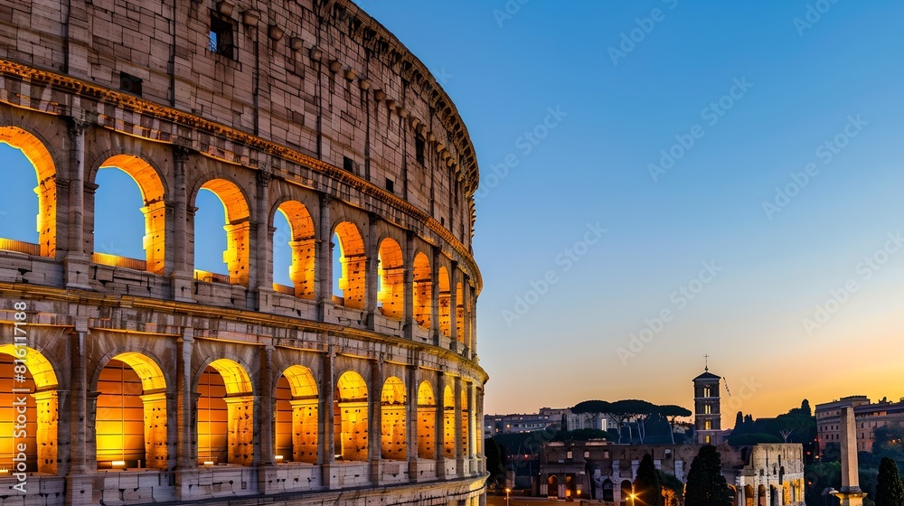 Illuminated Ancient Colosseum at Twilight, A Majestic Roman Landmark. Perfect for Travel and History Themes. Iconic Architecture Photography. AI