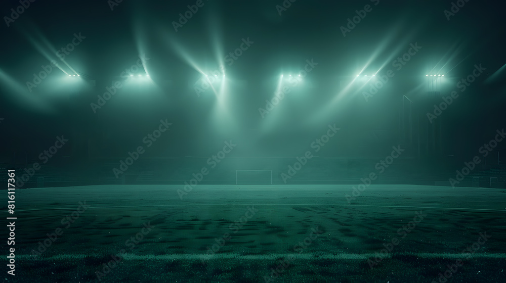 Fototapeta premium Sports stadium with a lights background Textured soccer game field with spotlights fog midfield Concept of sport competition winning action empty area for championships studio room nig : Generative AI