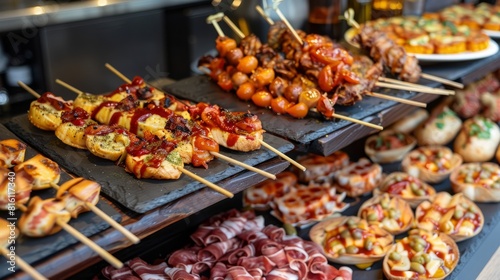 Pinchos and tapas typical of the Basque Country, Spain. Selection of different types of foods to choose from. San Sebastian hyper realistic  photo