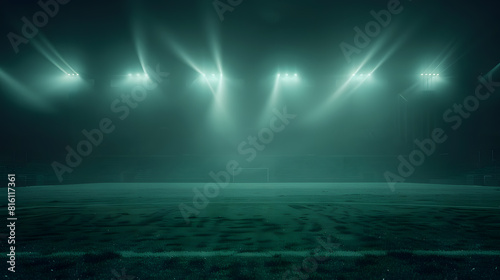 Sports stadium with a lights background Textured soccer game field with spotlights fog midfield Concept of sport competition winning action empty area for championships studio room nig   Generative AI