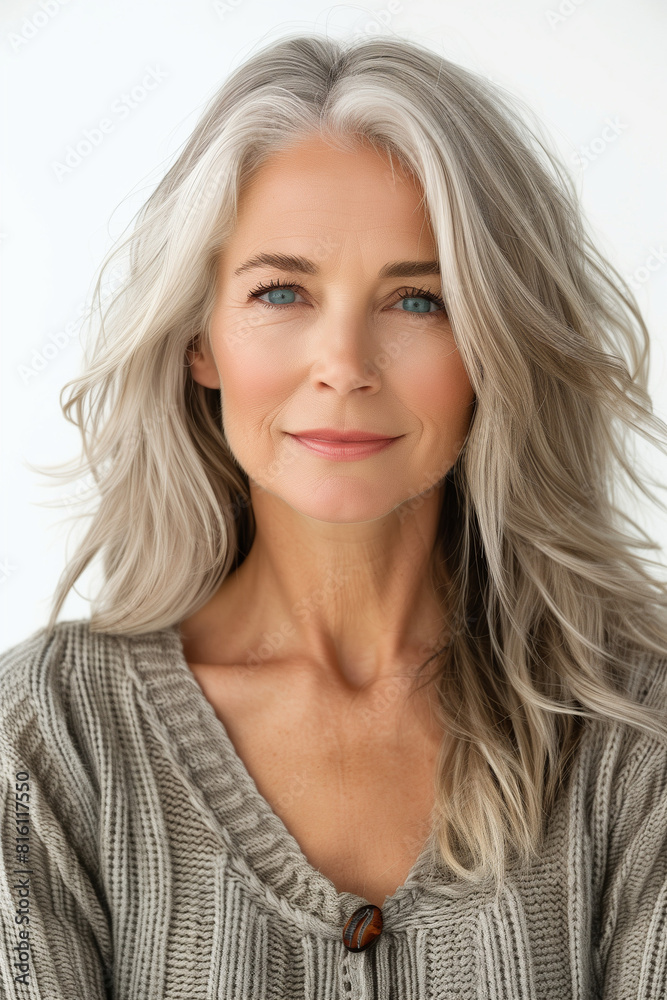 Front view portrait of mature woman on a white background Front view portrait of mature woman on a white background