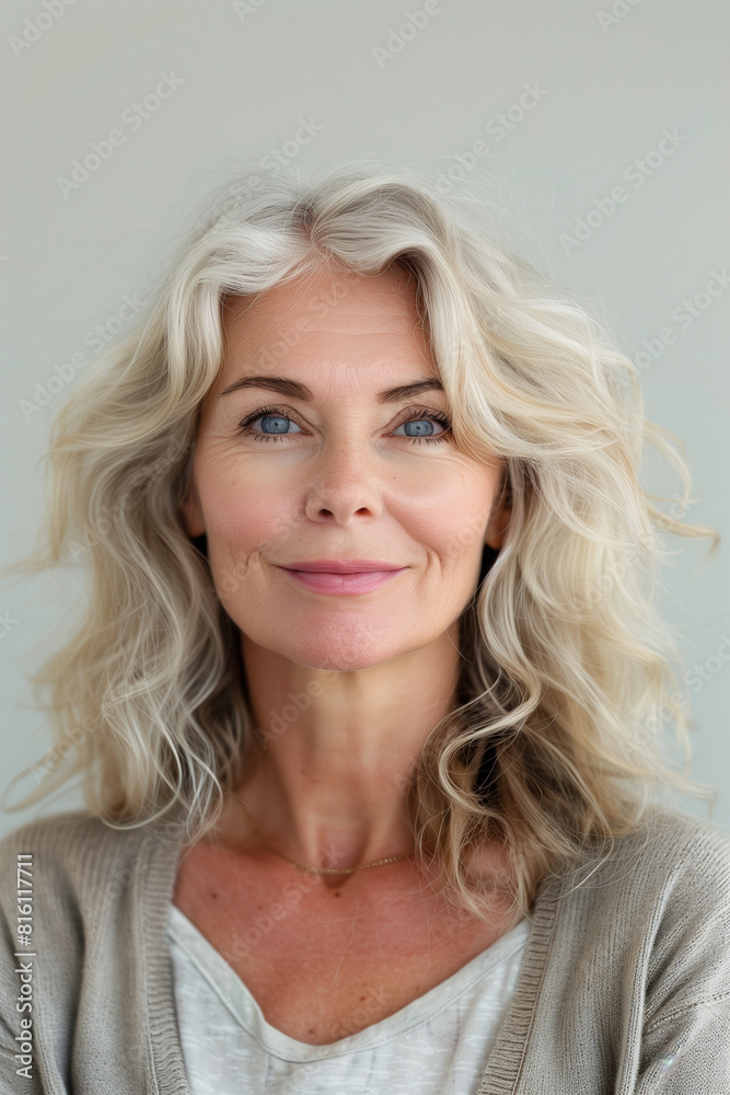 Front view portrait of mature woman on a white background