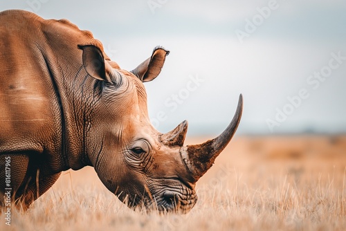 A close-up portrait of a rhino in the wild