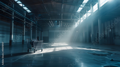 Interior of empty warehouse with a cart   Generative AI