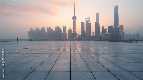 Empty square floor and city skyline with modern buildings in Shanghai China : Generative AI photo