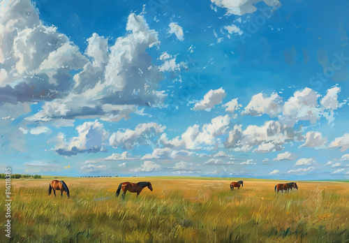 Tranquil meadow with grazing horses under a blue sky