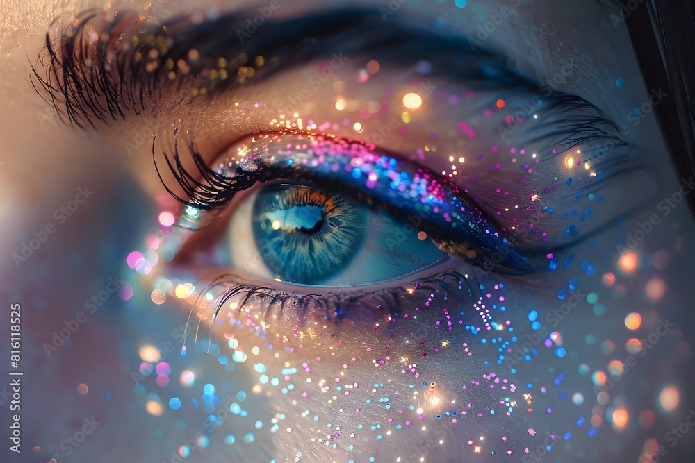 Vibrant Glitter Eye Makeup Close-up in Natural Light Vibrant Glitter Eye Makeup Close-up in Natural Light