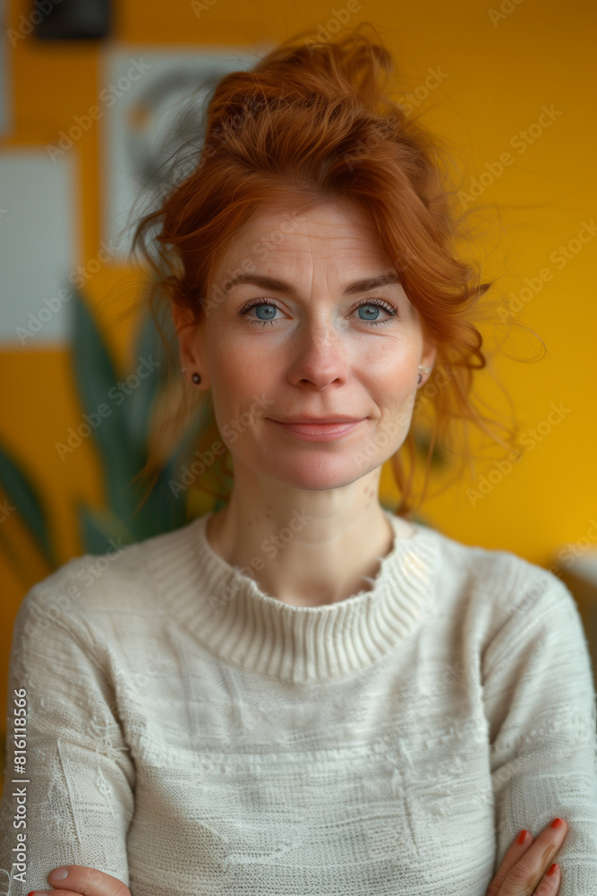 Front view portrait of mature woman on a yellow background Front view portrait of mature woman on a yellow background