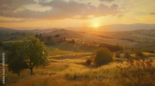 Tuscany landscape at sunrise with farm house and hills, Italy, timelapse. Vertical video hyper realistic 