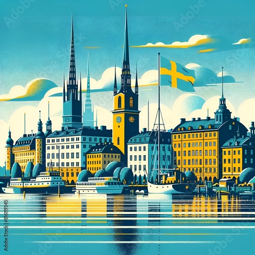 Illustration for sweden national day with stockholm city and waving swedish flag.