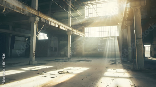 Ruined and abandoned interior of industrial hall   Generative AI
