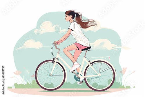 A girl is riding a bicycle in a park