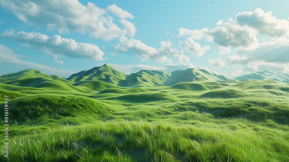 Fototapeta premium Surreal Grassland Mountain: A Verdant 3D Rendered Landscape