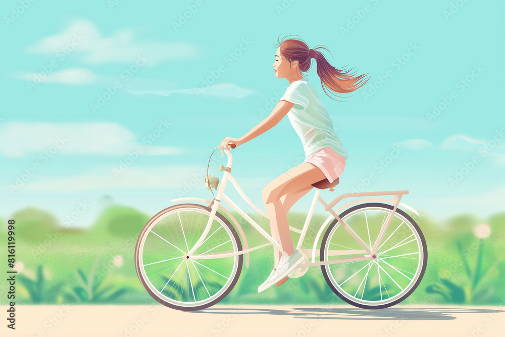 A girl is riding a bicycle in a park