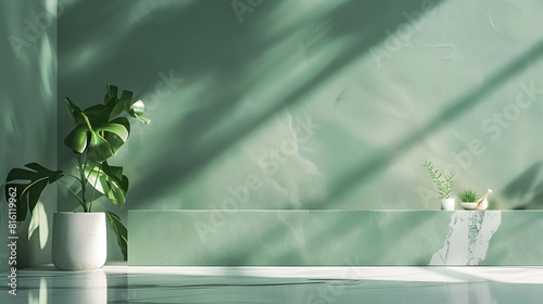 Fototapeta Naklejka Na Ścianę i Meble -  Green Bg Kitchen Background Floor Backdrop Empty Counter Podium Environment Shadow Leaves Plant Minimal Desk Studio Room Wall Pattern Abstract 3d Summer spring Table Space Marble Mocku : Generative AI