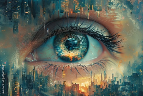Imaginative digital art of an eye reflecting a dystopian urban skyline with dramatic lighting © Dacha AI