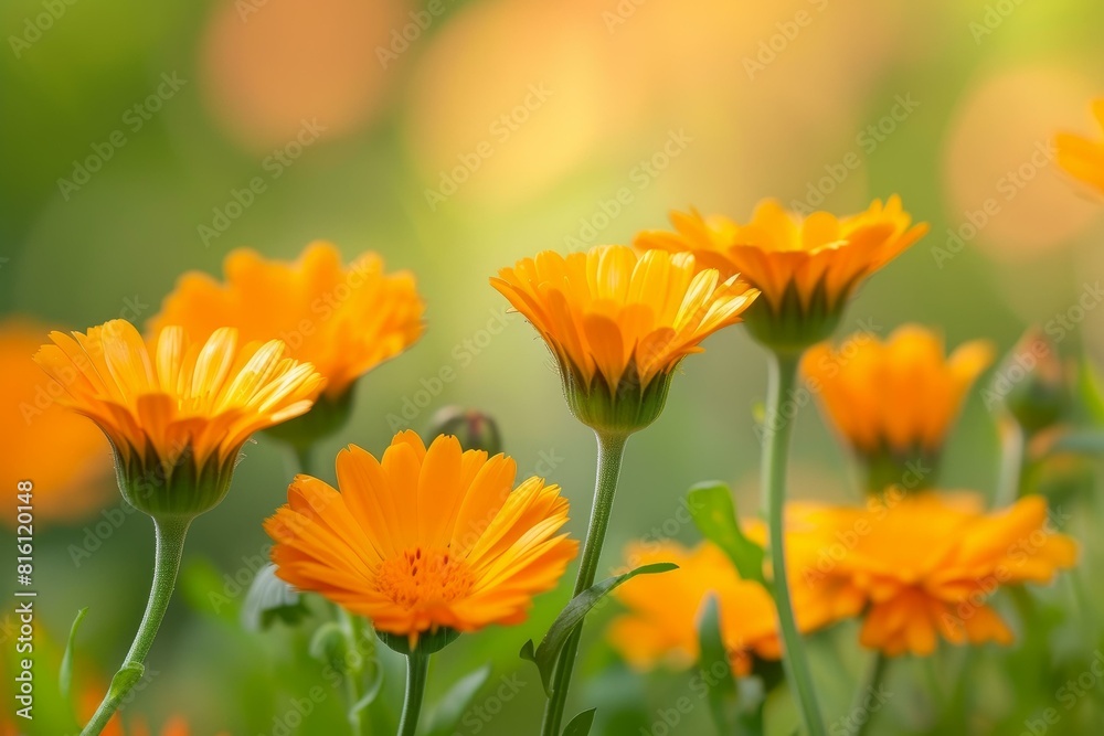 Close-up of bright orange calendula flowers, with a soft-focus sunlit background Close-up of bright orange calendula flowers, with a soft-focus sunlit background