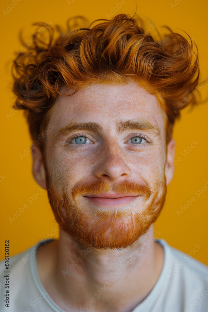 Front view portrait of young man with beard on yellow background Front view portrait of young man with beard on yellow background
