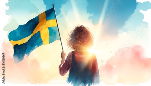 Watercolor style illustration of a young girl holding up a swedish flag for sweden national day.