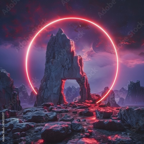 Ethereal Portal Stone Gate with Neon Circle Glowing Light photo